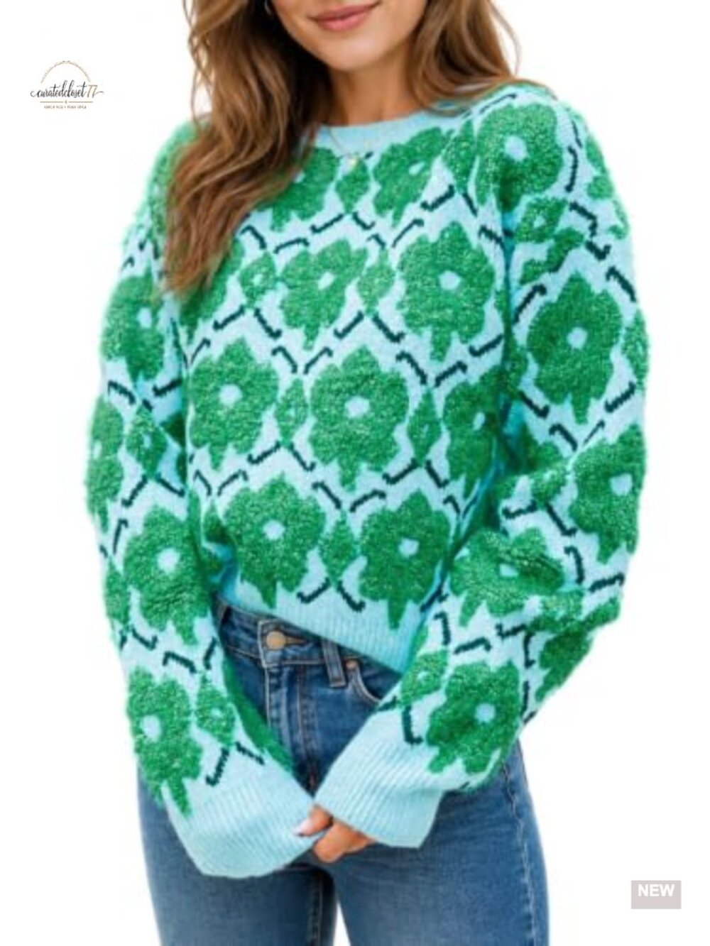 Women's Chunky Knit Floral Crewneck Pullover Sweater Oversized Long Sleeve